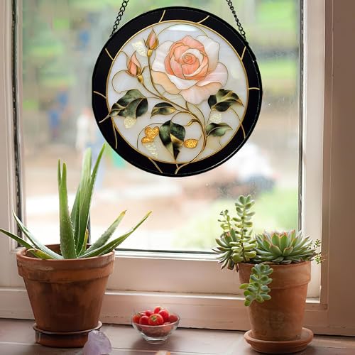 Pink Rose Stained Glass Window Hanging Suncatcher Gifts for Women 6.3"