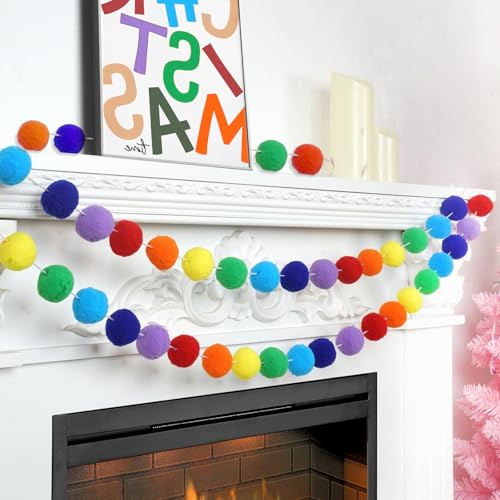 2pk Rainbow Color Pom Pom Garland 13FT Colorful Large Felt Ball Garland for Mantle (26 Foot)