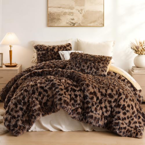 Fluffy King Size Comforter Set Leopard Print Faux Fur Comforter 3Pcs