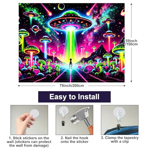 Blacklight Tapestry Alien UFO Neon Decor 78 x 59 Inch
