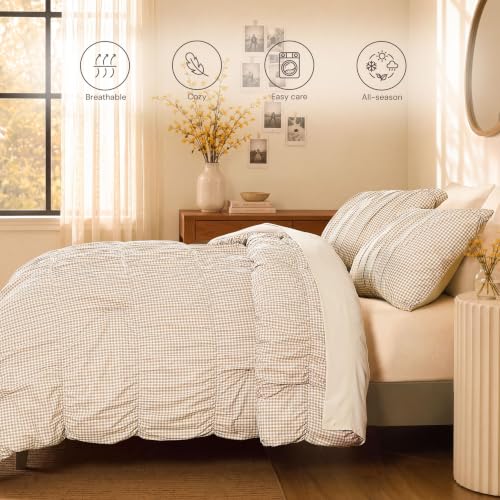 Tan Gingham Queen Size Comforter Sets