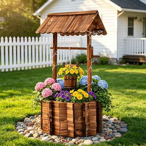 54" Outdoor Wooden Wishing Well Planter with Colorful LED Lights