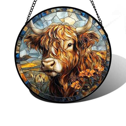Scottish Highland Cow Stained Glass Window Hanging Suncatcher Gifts 6.3"