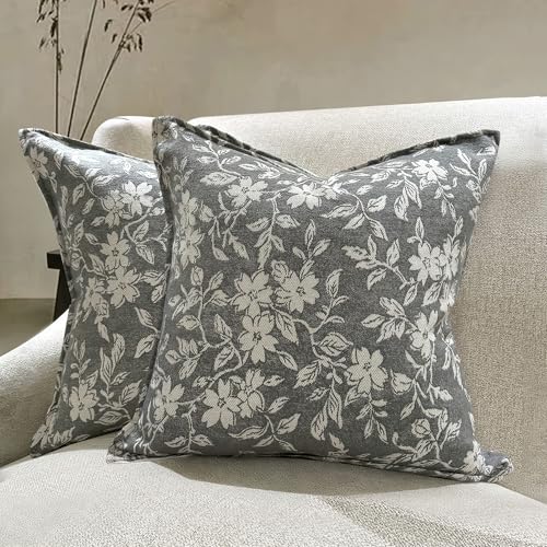 Gray Floral Pillow Covers 18x18 Pack of 2 Vintage Farmhouse Jacquard Decorative Throw Pillow Covers for Living Room Couch Bed Home Decor (2 Count)