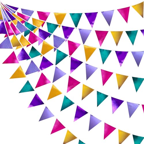 Colorful Party Decorations Hot Pink Teal Purple Metallic Fabric Triangle Pennant Banner Flag Bunting for Fiesta Carnival Rainbow Multi (35 Count)