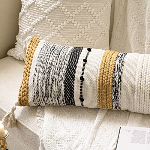 Decorative Lumbar Throw Pillow Cover 14x36 Boho Long Cushion for Bed Yellow Mustard Accent Farmhouse Pillowcase for Bedroom Living Room Couch Sofa Home Décor Cover ONLY