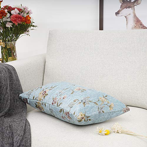 Classical Embroidery Jacquard Farmhouse Oblong Rectangle Chenille Teal Floral Pattern Decorative Throw Pillow Case