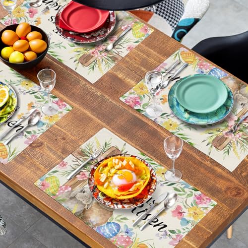 He is Risen Easter Placemats Set of 4 12x18 Inch Bunny Floral Cross Table Mats Spring Rabbit Flowers Eggs Place Mat for Dining Table Party Kitchen Decoration (4 Count)