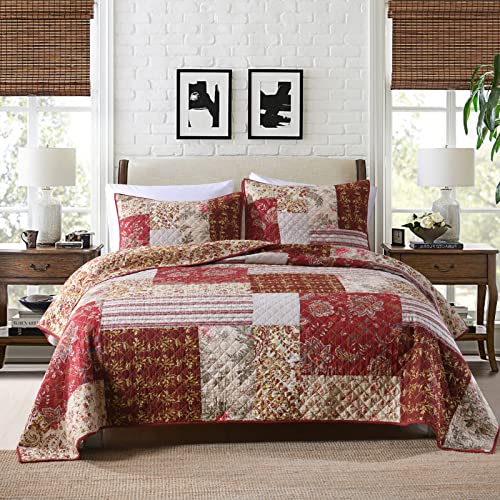 Quilt Set Queen Bedspread Country Farmhouse Cottage Vintage Ditsy Floral Paisley Style Reversible Lightweight Coverlet Set Real Patchwork Quilt for All Seasons