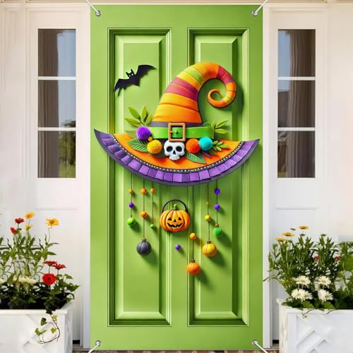 Halloween Door Banner Skull Witch Hat 35x71 Inch Polyester