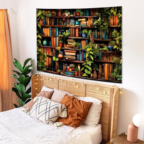 Botanical Bookshelf Tapestry Lush Green Plant Book Shelf Tapestries Wall Hanging Art Vintage Retro Potted Plants Academics Small Library Tapestry for Bedroom Living Room Dorm 60 x 44 inch