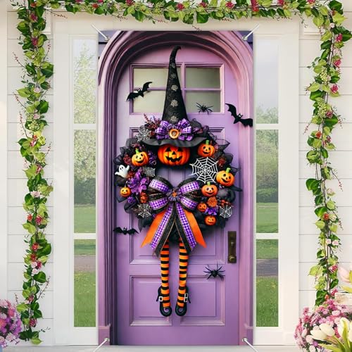 Halloween Door Cover Purple Pumpkin Bow 71 x 35 Inch