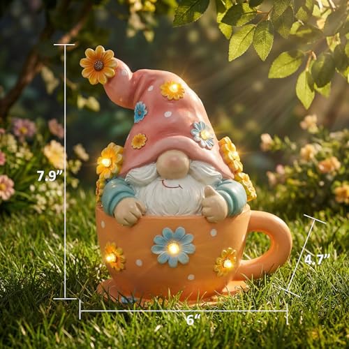 Outdoor Garden Gnome Statue in Teacup with Sunflower Light