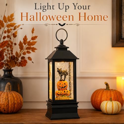 10'' Halloween Snow Globe Lantern Lighted Musical Water Lantern Spooky Pumpkin and Witch' s Black Cat Combo with Swirling Glitter