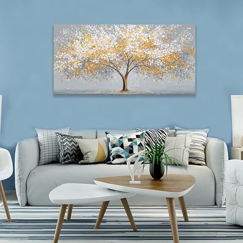 Large Canvas Wall Art Decor Gold Silver Tree of Life Canvas Art Wall Decor For Living Room Modern Botanical Nature Wall Art Prints Abstract Tree Canvas Art For Bedroom Home Office Decor 24"×48