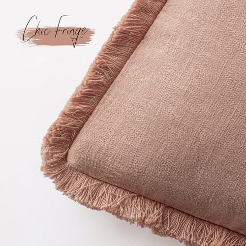 Decorative Linen Fringe Throw Pillow Covers 26×26 Coral Pink (2 Count)