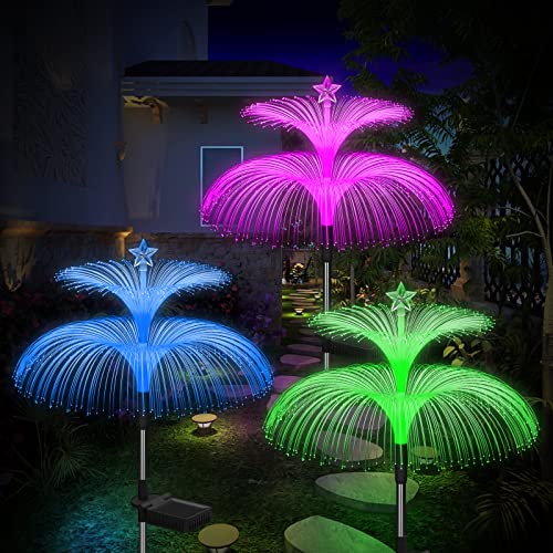 Solar Garden Lights 3 Pack New Upgraded Solar Lights Outdoor Waterproof 7 Color Changing Double Jellyfish and Star Flower Garden Decor Yard Lawn Christmas Outdoor (3 Count)