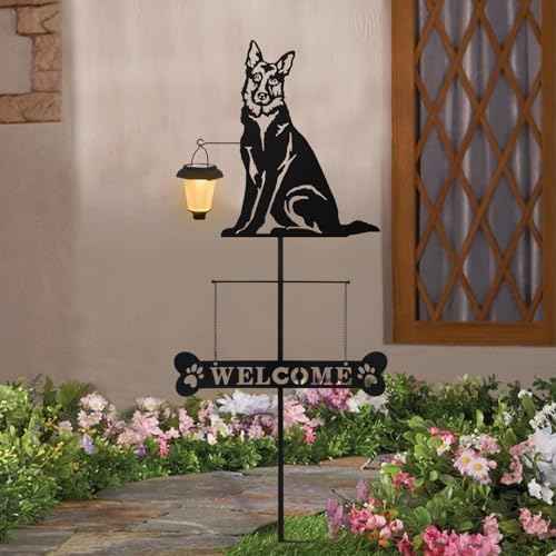 Solar German Shepherd Silhouette Dog Breed Welcome Sign with a Lantern