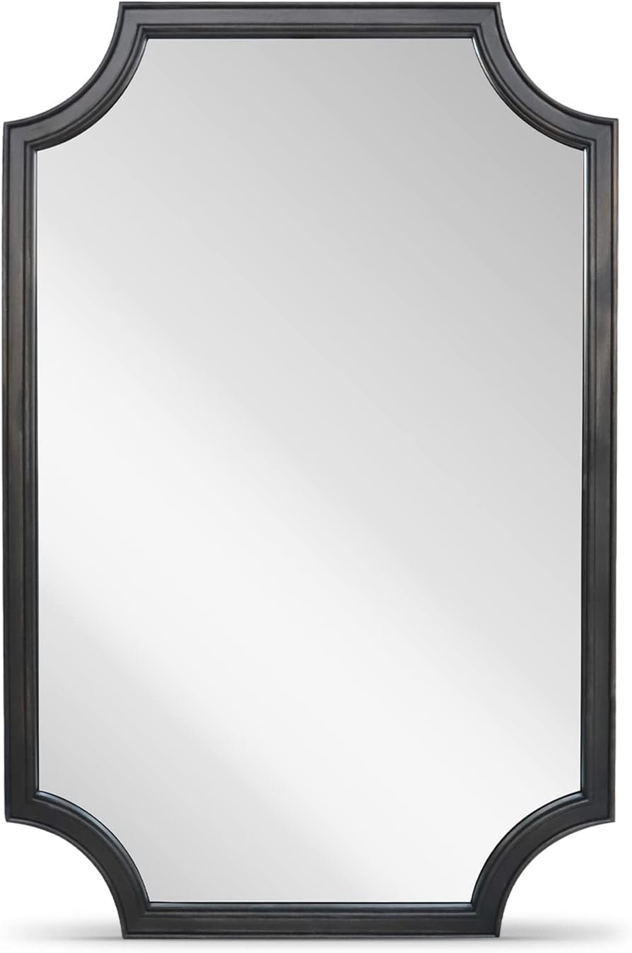 WallBeyond 24" x 36" Full Scalloped Corners Arch Rectangle Wall Mirror with Wood Frame for Entryway, Living Room or Bedroom Home Decor - Light Woodgrain [24" x 36" Black]