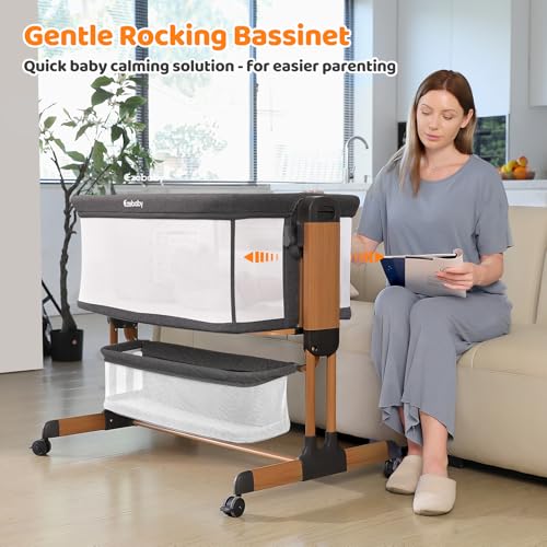 3-in-1 Baby Bassinet, Rocking Baby Bassinets Bedside Sleeper, Adjustable Portable Crib for Newborn Infant with Wheels Storage Basket and Mesh Sides