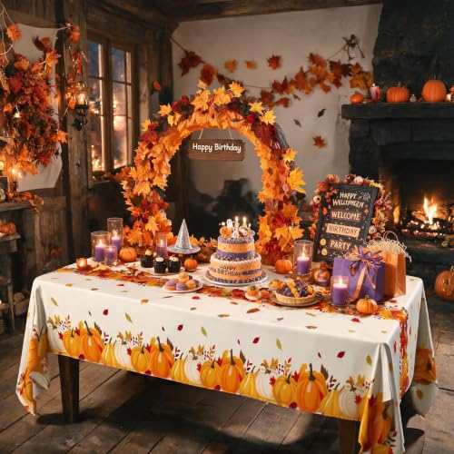 Fall Plastic Tablecloth 12 Packs Thanksgiving Disposable Table Cloth 54x108 Rectangle Table Cover with Pumpkin & Maple Leaf for Holiday Dinner Party Decorations Outdoor Picnic & Baby Showers