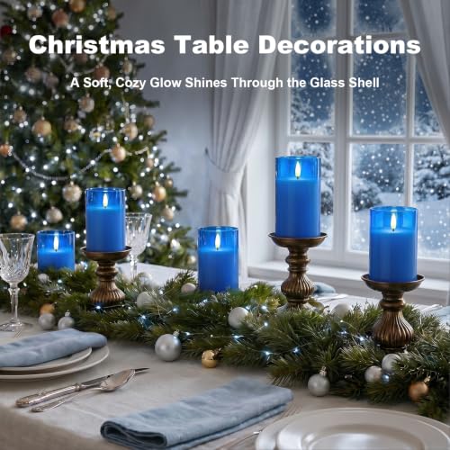 Blue Glass Flameless LED Candles Battery Operated with Remote Timer (3 Count)