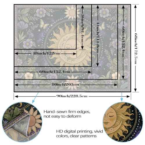 Boho Vintage Sun and Moon Hippie Purple Floral Tapestry 48 x 36 Inch