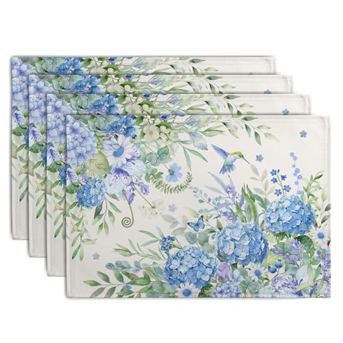 Blue Hydrangea Placemats Set of 4 Spring Summer Floral Green Leaf Bird Table Mat 12x18 Inch Rustic Daisy Flowers Hummingbird Place Mats for Party Kitchen Dining Outdoor Indoor Decor (4 Count)