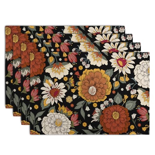 Black Boho Floral Placemats Set of 4 Spring Summer Vintage Flowers Botanical Decorative Table Mats Mid Century Modern Linen Place Mats for Party Kitchen Dining Outdoor Indoor Decor (4 Count)