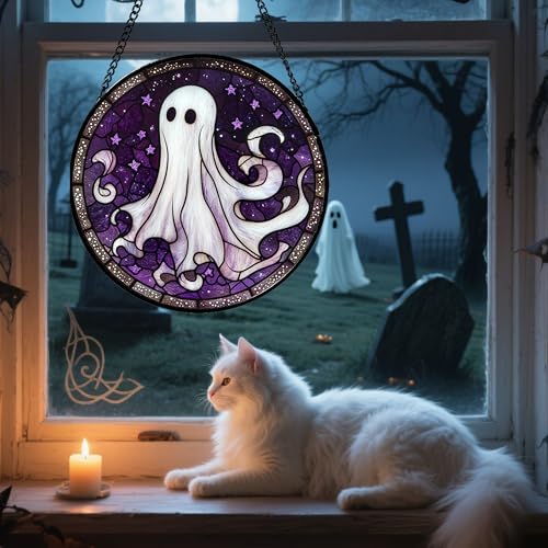 Halloween Purple Ghost Stained Glass Window Hanging Suncatcher Gifts 7.8"