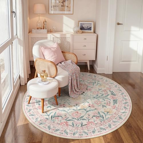 Pink Floral Round Rugs 5ft