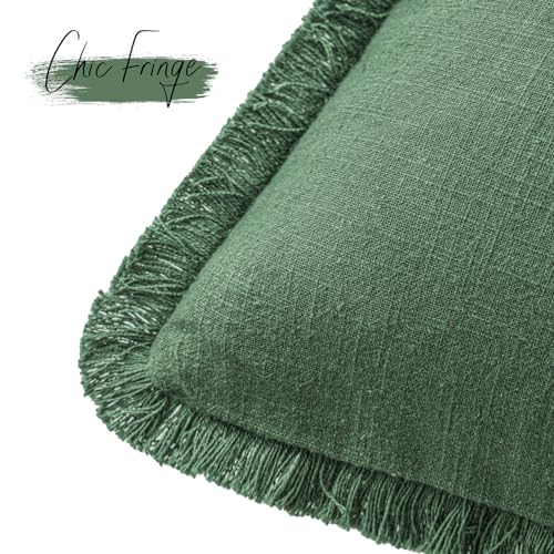Decorative Linen Fringe Throw Pillow Covers 26×26 Pine Green