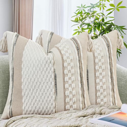 Set of 2 Chenille Striped Textured Boho Throw Pillow Covers Aesthetic with Tassels Woven Decorative Pillow Case for Couch Bed Sofa Bedroom Modern Funky 18 x 18 (2 Count)
