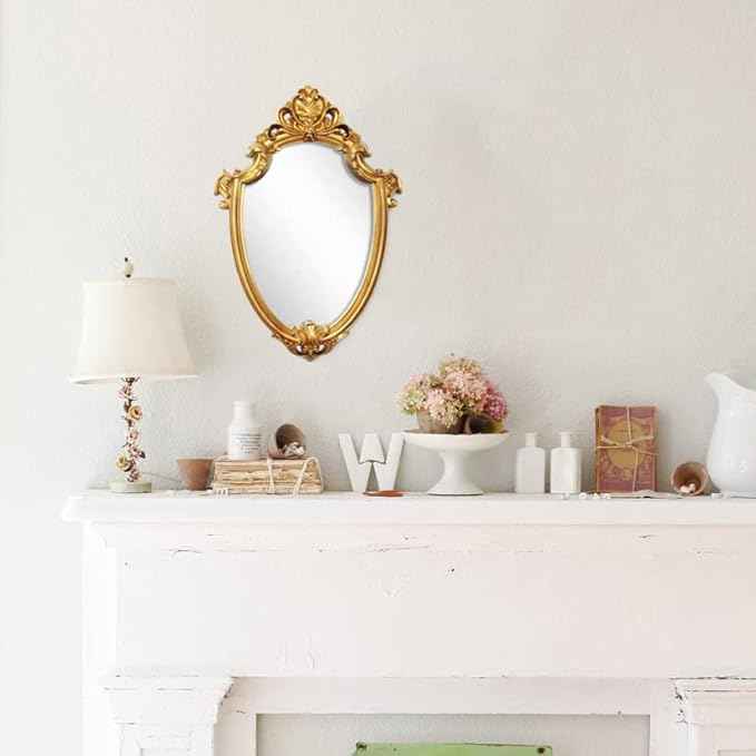 Eaoundm 16.5 x 11 inch Vintage Antique Decorative Wall Mirror - Shield Shape (Brush Gold)