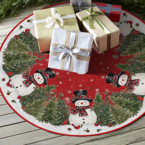 Cardinals Cedar Snowman with Scarf Christmas Tree Skirt 48"