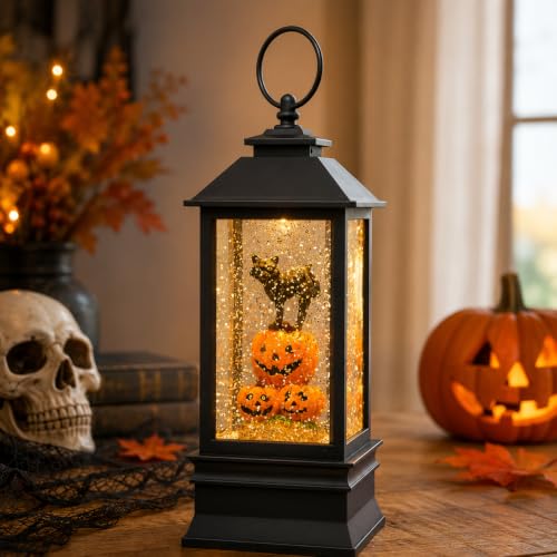 10'' Halloween Snow Globe Lantern Lighted Musical Water Lantern Spooky Pumpkin and Witch' s Black Cat Combo with Swirling Glitter