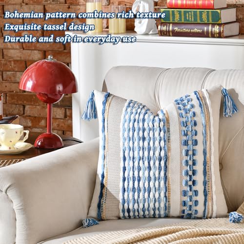 Set of 2 Chenille Striped Textured Boho Throw Pillow Covers Aesthetic with Tassels Woven Decorative Pillow Case for Couch Bed Sofa Bedroom Modern Funky 18 x 18 (2 Count)