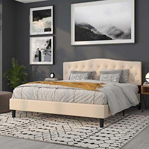 Cambridge Button Tufted and Diamond Stitched Upholstered King Size Headboard in Beige Fabric