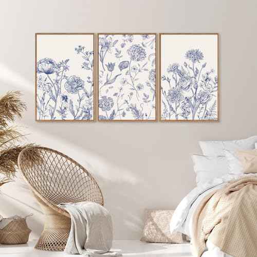 Large Classic Chinoiserie Flower Framed Canvas Wall Art Set (3 Count)