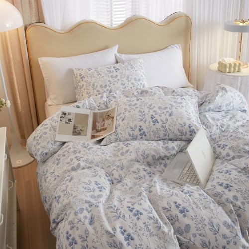 Vintage Flower Comforter Set King Blue Floral Bedding Comforter Cottagecore Flower Botanical Comforter Set Fluffy Soft Coquette Bedding King Size Lightweight Boho Floral Comforter with 2 Pillowcases (3 Piece Set)