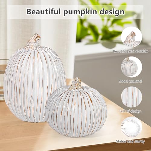 2Pcs Halloween Pumpkin Artificial Resin Pumpkins Decor for Mantel Harvest Autumn Tabletop Decoration Gold Fall Pumpkin Decorations Thanksgiving Table Centerpieces (2 Count)
