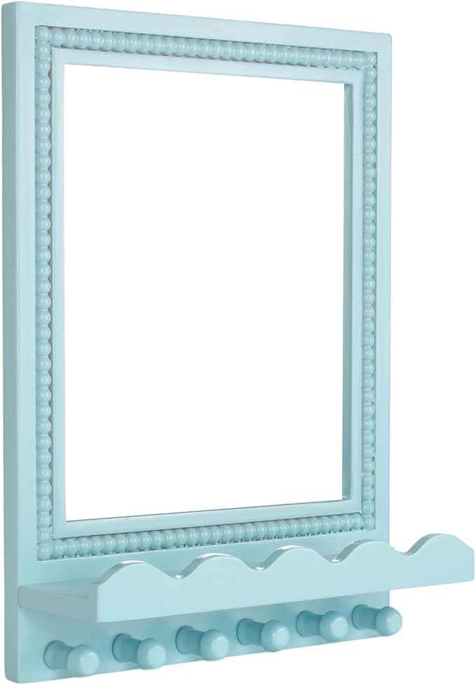 Tirzah 16x12 Inch Wall Mount Beaded Wood Framed Mirror with Shelf and 6 Hooks, Blue Decorative Entryway Mirror with Storage for Laundry Room, Bathroom, Bedroom
