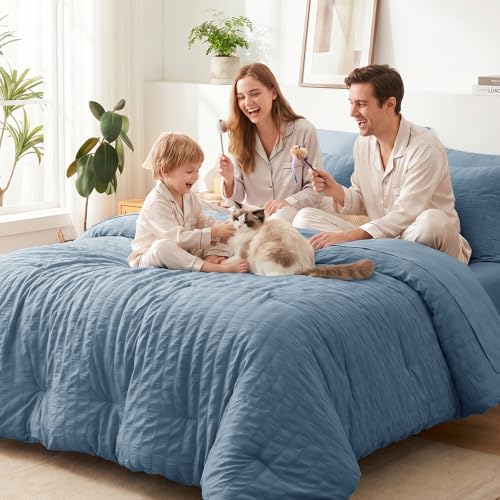 Twin XL Comforter Set 5 Pieces Grayish Blue Seersucker Bed in a Bag