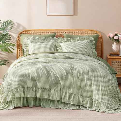Full Size Comforter Set Green Gingham Ruffle 7 Pieces Bed in a Bag