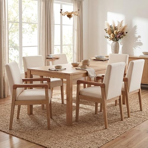 Modern Dining Chairs Set of 2 Linen Fabric Kitchen Arm Chairs Upholstered Accent Chairs with Wooden Legs for Dining Room (2 Count)