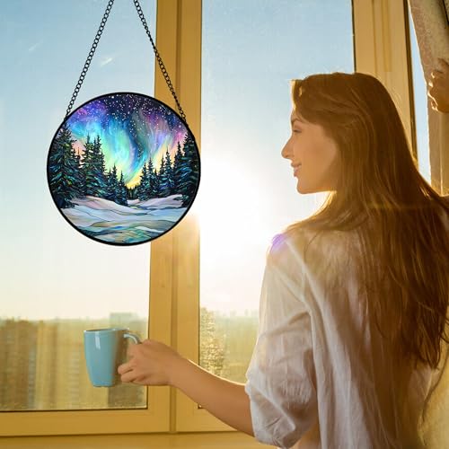 Aurora Landscape Stained Glass Window Hanging Suncatcher Xmas Gifts 6.3"