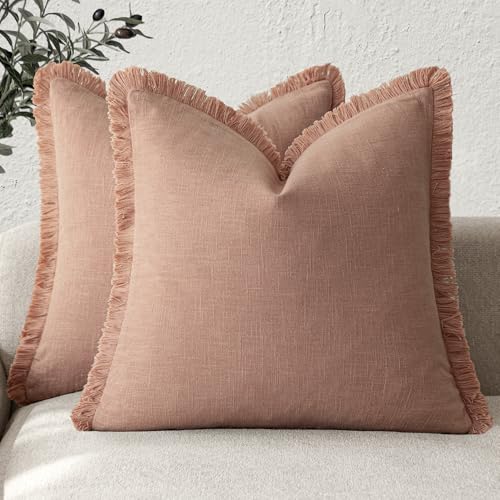 Decorative Linen Fringe Throw Pillow Covers 26×26 Coral Pink (2 Count)