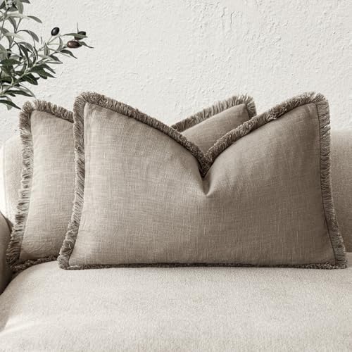 Boho Linen Fringe Lumbar Throw Pillow Covers 12×20 Brown Tan (2 Count)