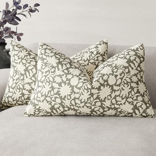 Set of 2 Decorative Neutral Floral Throw Pillow Covers Accent Farmhouse Cushion Covers Boho Lumbar Pillowcase for Couch Sofa Bedroom Living Room Home Decor (2 Count)