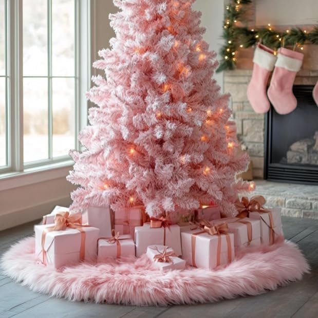 72 Inch Faux Fur Christmas Tree Skirt Pink Plush Skirt for Merry Christmas Party Christmas Tree Decoration